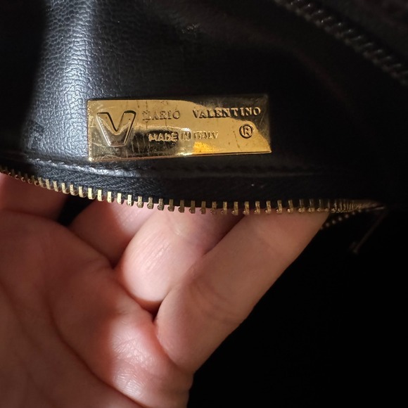 Mario Valentino Vintage Black Leather Clutch Bag Logo Monogram Zipper Pouch